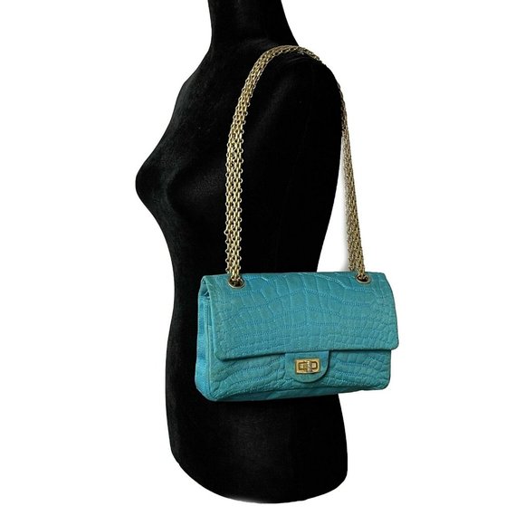 CHANEL - Reissue Small 2.55 Satin Crocodile Stitche - Turquoise / Gold Crossbody - Picture 4 of 15